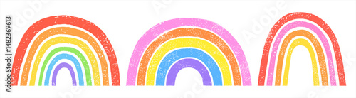 Linocut artistic rainbow arch hand printed vector set. Textured grungy uneven colorful separate stripes strips. LGBTQ Gay pride illustration, text background frame border creative retro template.