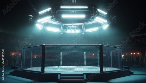 Futuristic MMA Cage Fight Arena:  A Digital Rendering of a Modern Octagon
