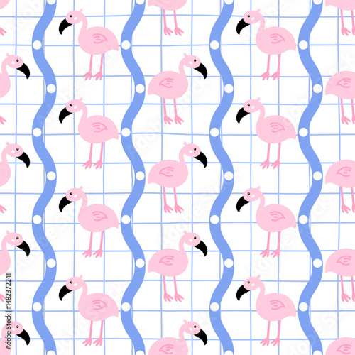 Seamless pattern with cute pink flamingos in a tropical kawaii style. Soft pastel vector design perfect for summer fabric, wallpaper, and kids products