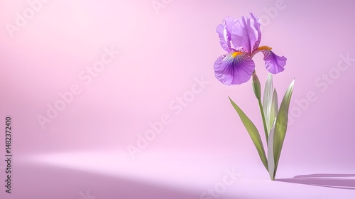 A lone purple iris on a muted lavender background with soft shadows