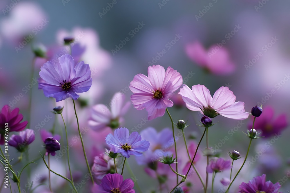 Fototapeta premium Pink purple wildflowers with pastel soft focus glow 
