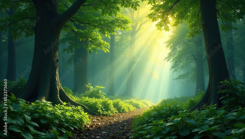 Obraz premium Sunlight dappling through lush forest canopy, creating a magical atmosphere , serene, light, energy