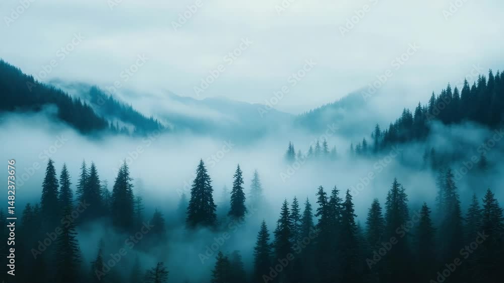 Misty forest landscape with towering evergreen trees and mountains shrouded in fog, creating serene atmosphere that embodies tranquility of nature and wilderness scenery. Misty forest landscape with towering evergreen trees and mountains shrouded in fog, creating serene atmosphere that embodies tranquility of nature and wilderness scenery.