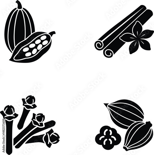 Spice set silhouette cocoa beans cinnamon sticks star anise cloves cardamom