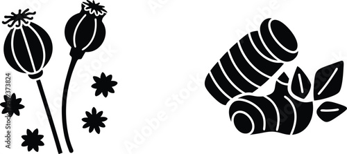 Black silhouette of poppy seed pods and ginger root icon