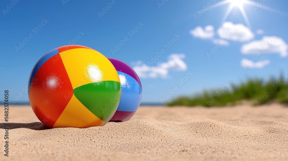 Obraz premium Brightly Colored Beach Balls on Sandy Beach Under Sunny Sky