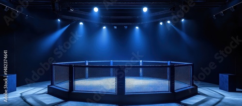 Illuminated Octagon: MMA Cage in a Dark Arena