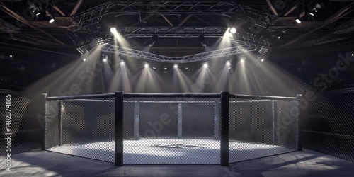 Empty Octagon MMA Cage Under Stage Lights