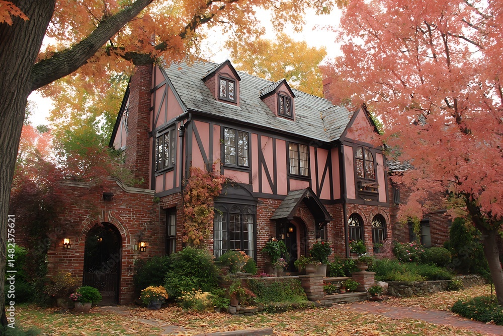 Obraz premium Pink tudor home amidst colorful autumn foliage 
