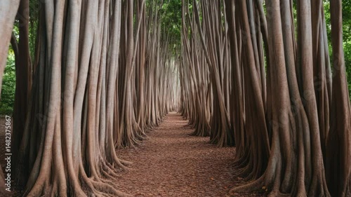 Tranquil Forest Pathway Sunlight Filters Through Tall Trees, Casting Gentle Shadows on Greenery, Creating Serene Outdoor Landscape of Natures Beauty.