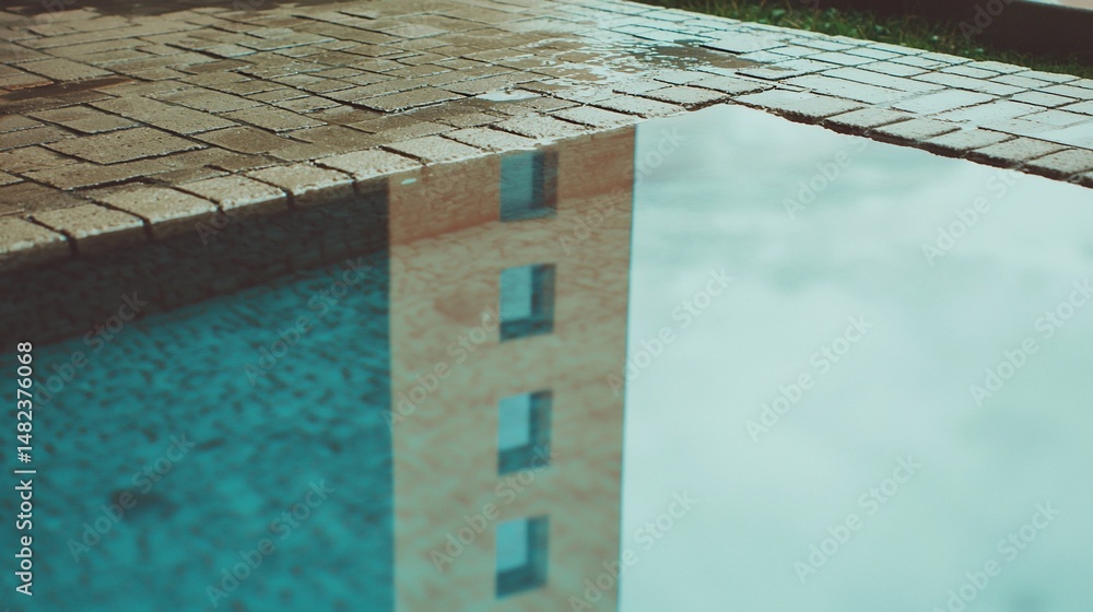 Fototapeta premium Architectural reflection on a tranquil pool surface under muted light