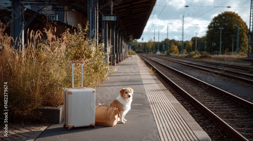 Dog waiting with luggage at empty train station platform on a sunny day