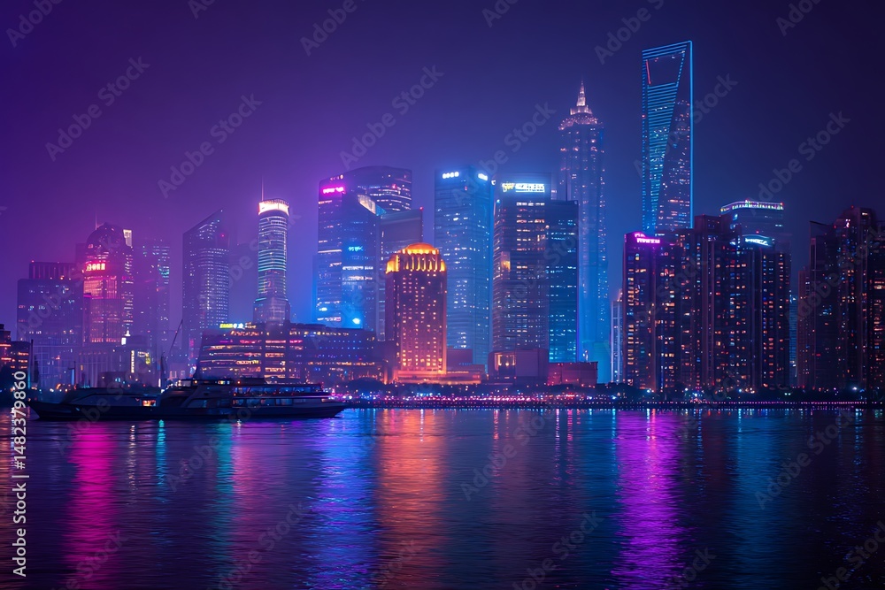 Fototapeta premium Purple city with industrial vibe under full moon night 