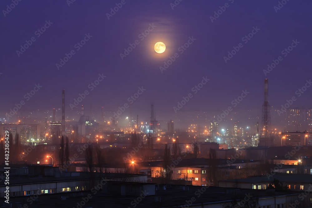 Fototapeta premium Purple industrial cityscape under moonlit night sky 