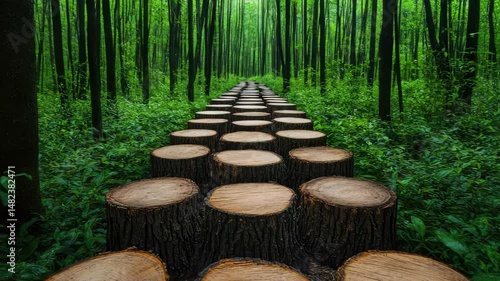 Serene forest pathway lined with stumps invites exploration through vibrant greenery, where tall trees create tranquil outdoor landscape, connecting us with beauty of nature.