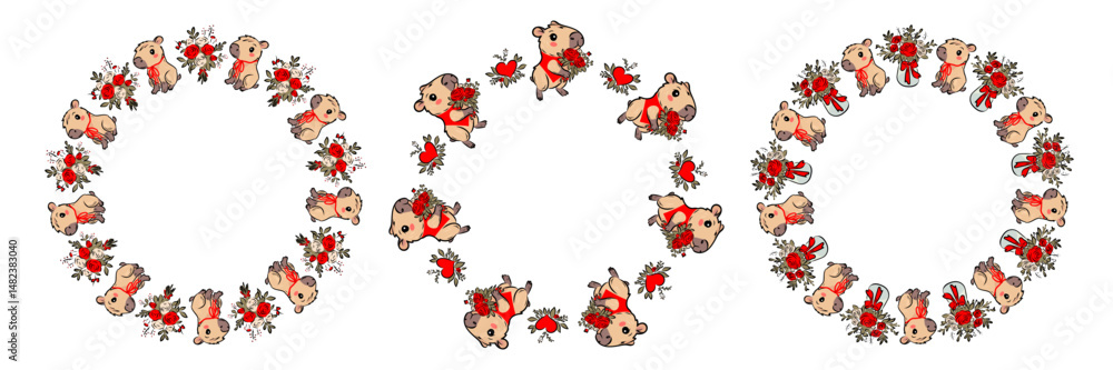 Round frame with capybaras in a wonderful style, wreath, card. Hearts, flowers in a minimalist style. Geometric flower. Vector illustration. Bright retro hearts. Round frame with capybaras in a wonderful style, wreath, card. Hearts, flowers in a minimalist style. Geometric flower. Vector illustration. Bright retro hearts.