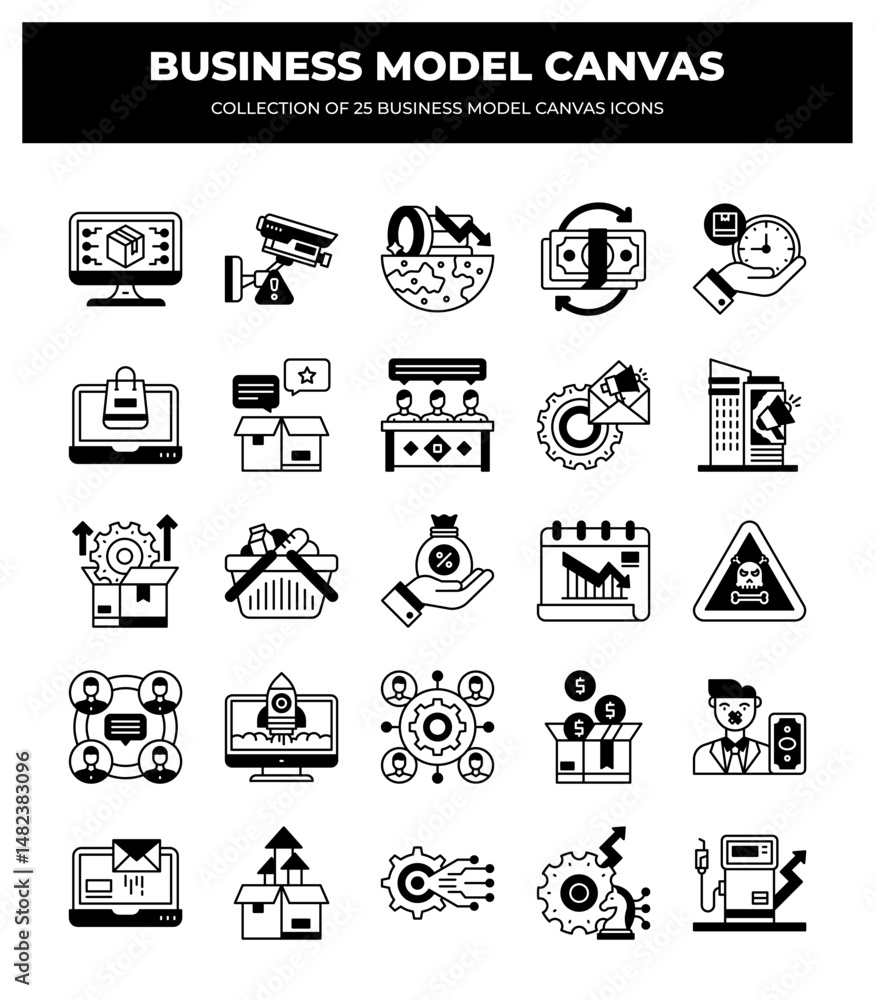 Fototapeta premium Business Model Canvas Icons: A Collection of 25 Essential Strategy Icons