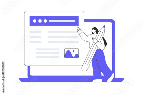 Creative woman hold pencil publishing content and writing article online on website in laptop screen writer blogger advertising freelance journalist. Flat Cartoon Vector Illustration, icon. Stylish 