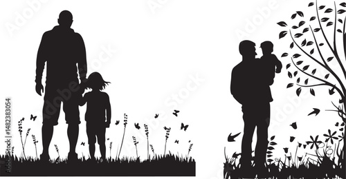silhouette of father walking in the park. vector silhouettes, outline silhouettes of father's day, contour drawing, people silhouette, icon set isolated, silhouette of sitting people, 