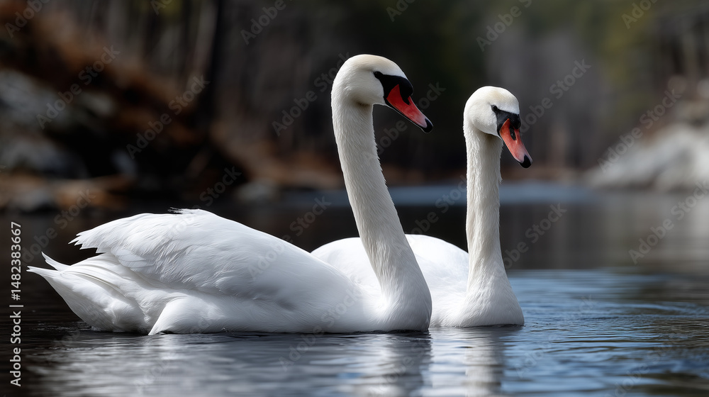 Fototapeta premium Two elegant swans gracefully gliding on the serene water surface today