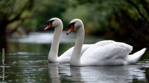 Two elegant swans gracefully gliding on the serene water surface today