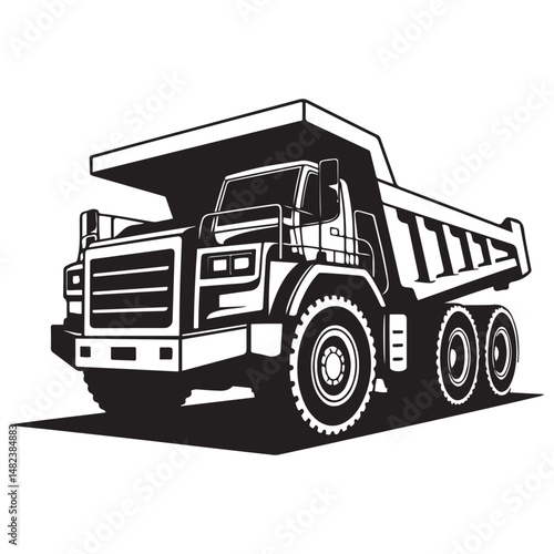 Bold monochrome illustration of a heavy duty dump truck, Vector black silhouette. with white background