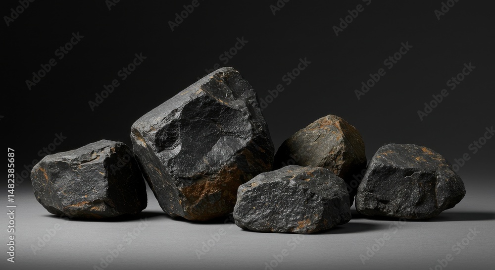 Naklejka premium A collection of dark, textured rocks arranged artistically on a smooth surface
