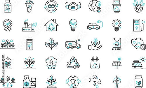 Environment and ecology icon set with green energy and sustainability concepts