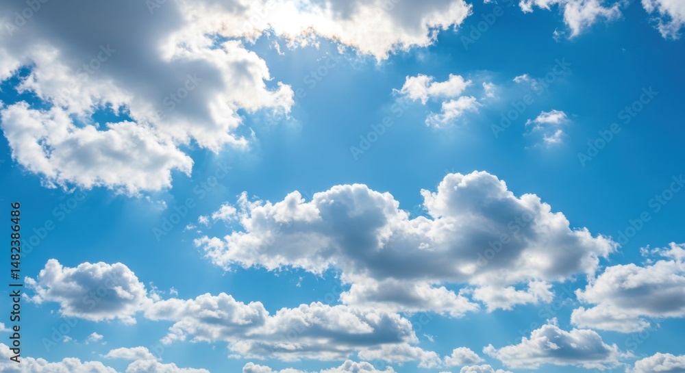 Obraz premium Bright blue sky with fluffy clouds illuminated by sunlight, serene atmosphere