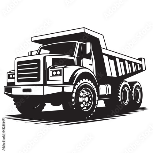 Bold monochrome illustration of a heavy duty dump truck, Vector black silhouette. with white background