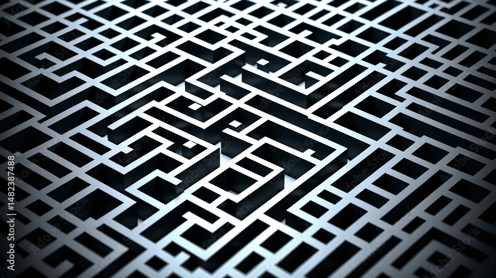 Abstract perspective view of a complex geometric maze with monochromatic dark gradient lighting. Abstract perspective view of a complex geometric maze with monochromatic dark gradient lighting.