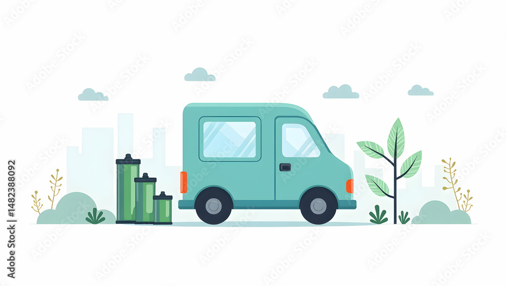Obraz premium Flat high-quality photo stock image showcasing the EV battery recycling process with interactive digital analytics, eco-friendly visuals, and sustainable battery reuse technology.