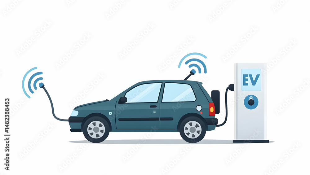 Naklejka premium Flat High Quality Photo Stock Image: Wireless Energy Transfer for EVs with Advanced Digital Analytics & Modern Visualizations of Innovative Contactless Charging Systems in a Cute Vector Style.