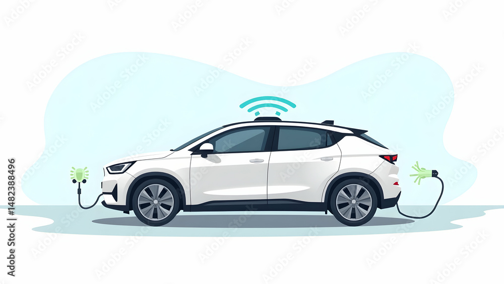 High-Quality Flat Vector Illustration of Wireless Energy Transfer for EVs: Innovative Contactless Charging Systems with Advanced Digital Analytics and Modern Visualizations High-Quality Flat Vector Illustration of Wireless Energy Transfer for EVs: Innovative Contactless Charging Systems with Advanced Digital Analytics and Modern Visualizations