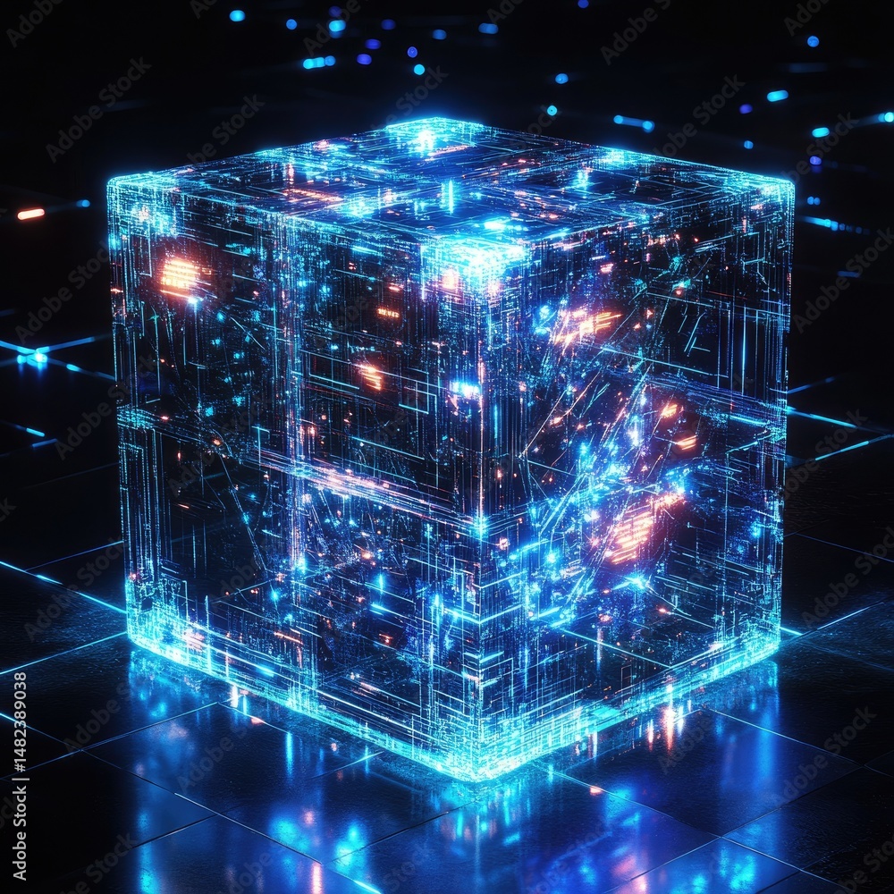 Glowing, translucent cube, intricate network of light, digital design, futuristic tech Glowing, translucent cube, intricate network of light, digital design, futuristic tech