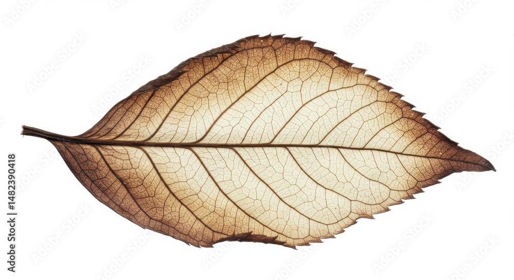 Obraz premium Delicate translucent leaf showcasing intricate vein patterns against white background