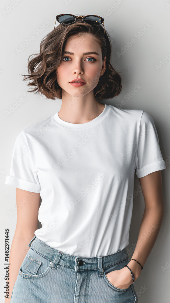 Young woman wearing a crisp white t-shirt mockup, perfectly styled with denim jeans and dark sunglasses. Young woman wearing a crisp white t-shirt mockup, perfectly styled with denim jeans and dark sunglasses.