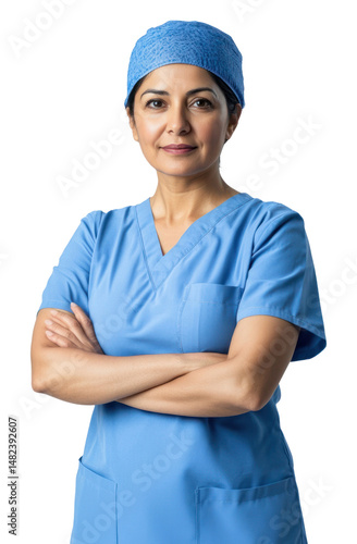 PNG Professional biracial mixed indian woman doctor in blue medical blouse and blue scrub caps portrait female scrubs.