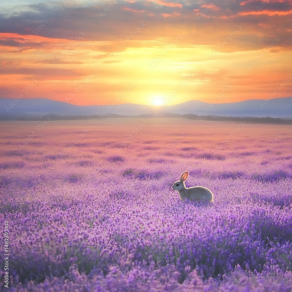 Obraz premium Rabbit silhouetted in a lavender field during sunrise, creating a tranquil scene