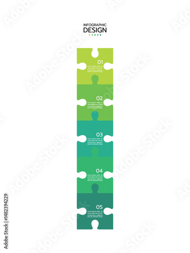 Infographic design featuring five vertical, interconnected puzzle pieces with a gradient from light to dark green. Each piece is numbered and contains placeholder text. Vector illustration.