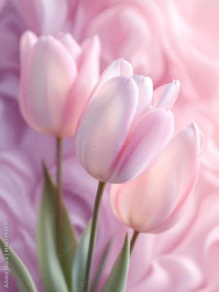 Digital painting of pastel tulips with velvety petals and water droplets. Dreamy floral art with pink and purple splashes. Perfect for romantic and decorative design concepts Digital painting of pastel tulips with velvety petals and water droplets. Dreamy floral art with pink and purple splashes. Perfect for romantic and decorative design concepts