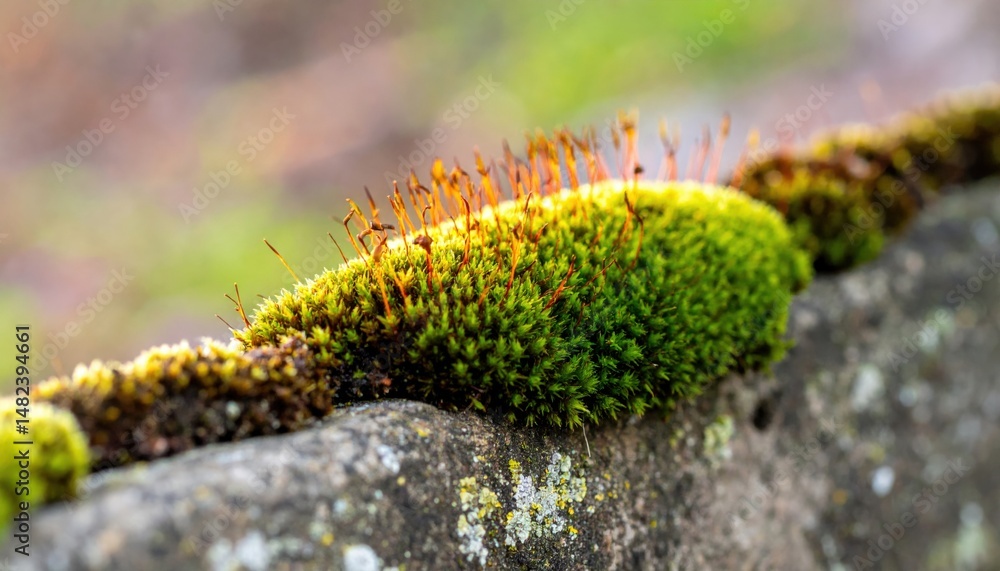 Naklejka premium Lush green moss growth on stone surface nature scene close-up macro photography tranquil environment