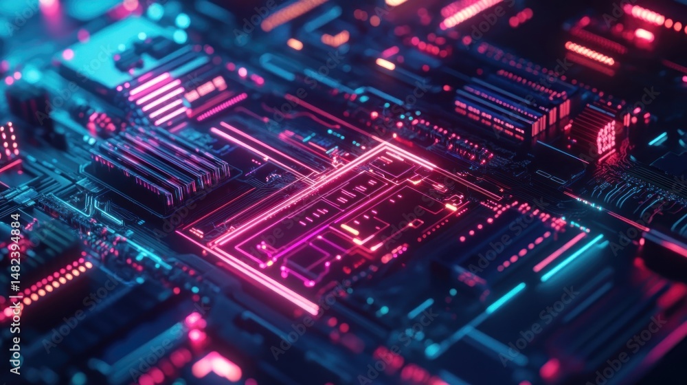 Neon Circuit Board: Abstract Digital Technology Neon Circuit Board: Abstract Digital Technology