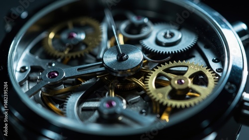Wallpaper Mural Extreme close-up of a watch mechanical movement showing intricate metal gears levers jewels and hands. Time and precision engineering concept Torontodigital.ca
