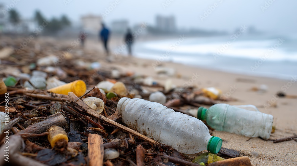 Obraz premium Beach pollution scene with trash on the shore and people in background. 