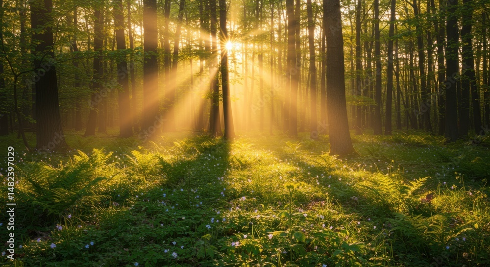 Fototapeta premium Sunlight Filtering Through Trees in a Lush Forest with Ferns and Wildflowers