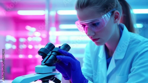 Female scientist in gloves examines samples under microscope in vibrant laboratory, where colorful lighting fosters atmosphere of research, innovation, and scientific exploration.