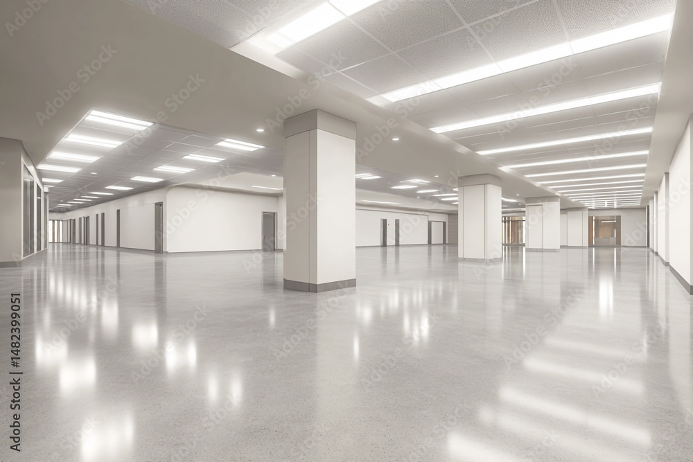 Fototapeta premium Modern spacious empty office hallway with bright lighting and polished floor