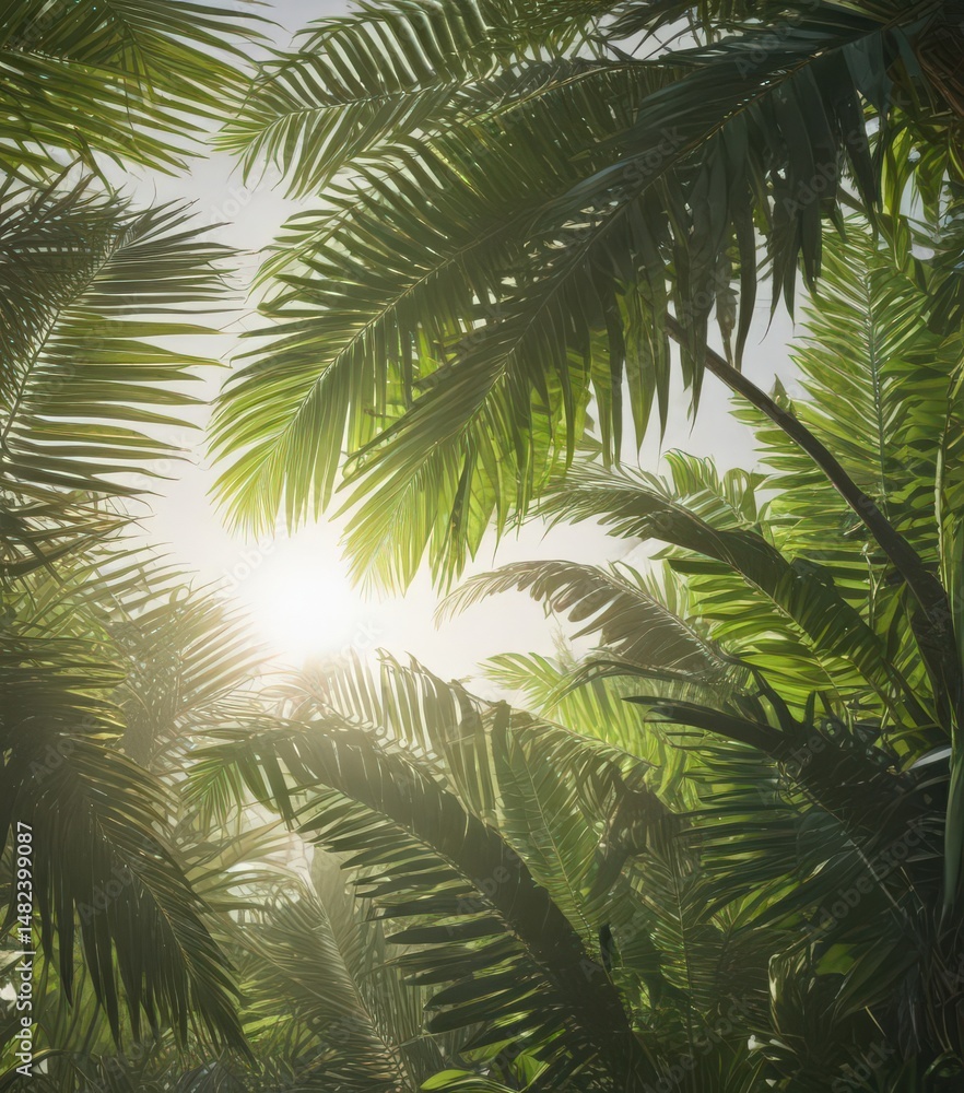 Fototapeta premium Lush green palm fronds, sunlight filtering through , nature, vibrant, shadows