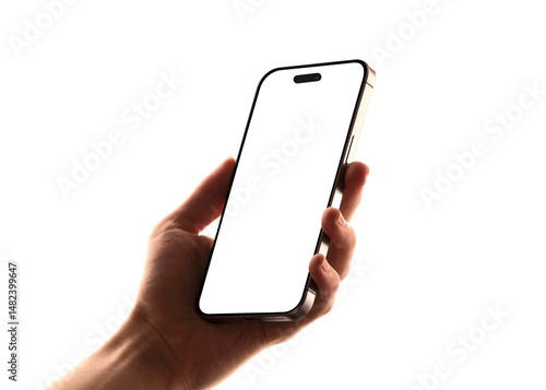 Hand holding smart phone on white background technology Mobile phone screen mockup
